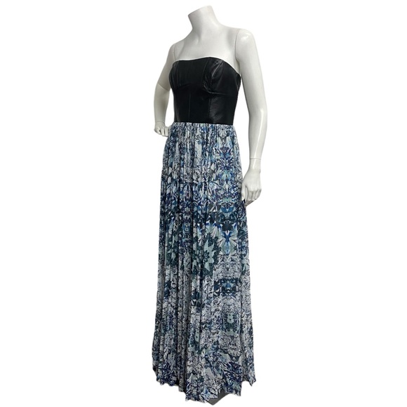 Sachin + Babi Leather & Blue Printed Pleated Accents Strapless Maxi Long Dress - Picture 4 of 14
